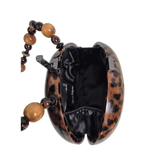 Signed Timmy Woods Acacia Wood Leopard Print Purse With Beaded Strap NWOT - Picture 4 of 12